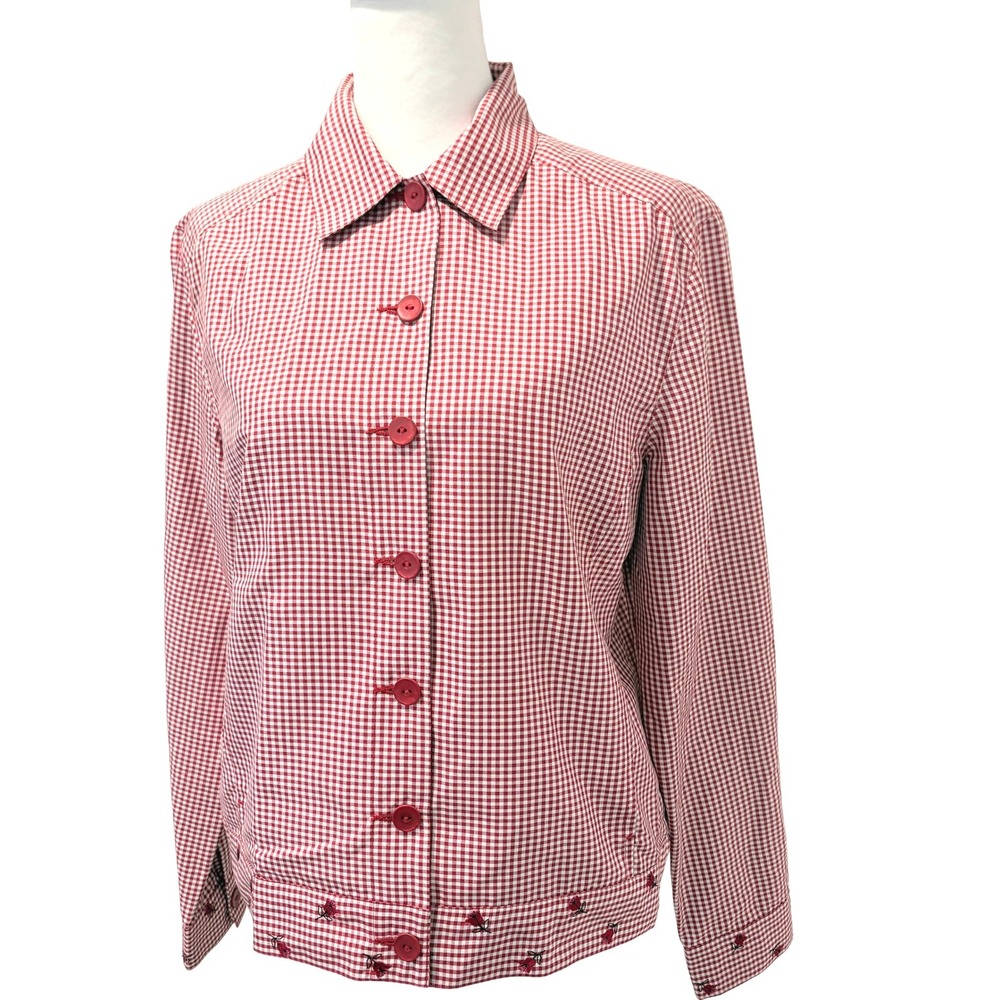 EP Pro Golf Red White Gingham 100%‎ Silk Jacket Floral Embroidery Small S/P